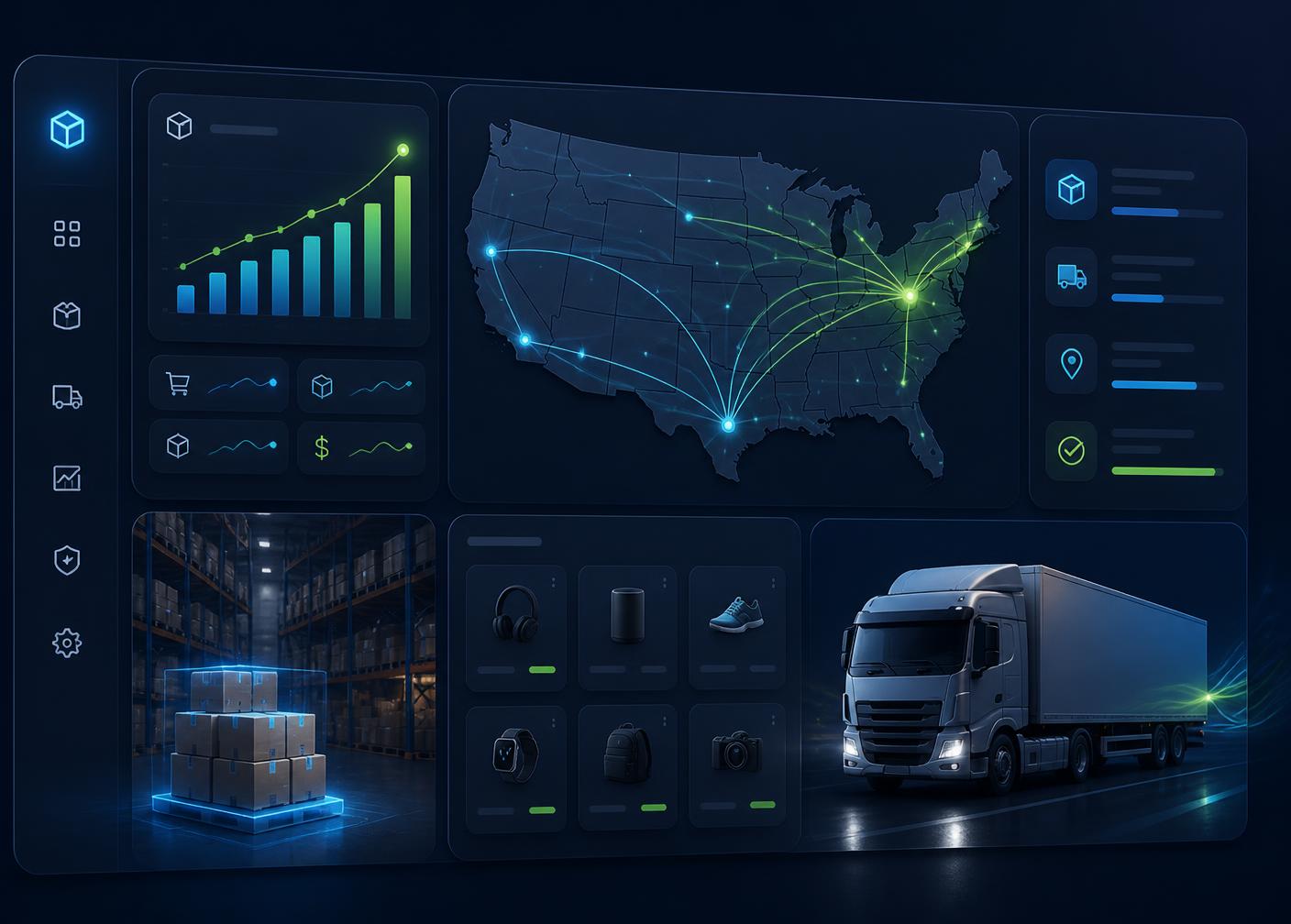 Naim Drop warehouse dashboard showing US shipping routes, live order analytics, and same-day fulfillment